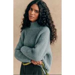 Sezane Josepha Teal Mock Neck Chunky Sweater Jumper Small